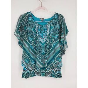JM‎ Collection Teal Paisley Print Sheer Blouse Top Womens Size Small